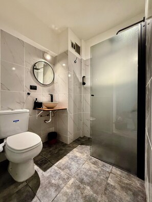 Regadera, bidet, toallas, jabón