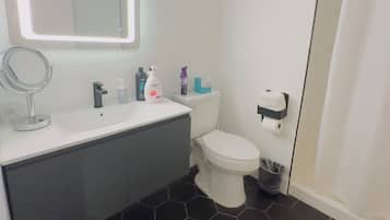 Ducha, secador de pelo, toallas, jabón
