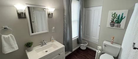 Hair dryer, towels, soap, shampoo