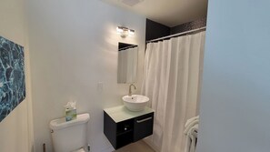 Secador de cabelo, toalhas de banho, sabonete, papel higiênico