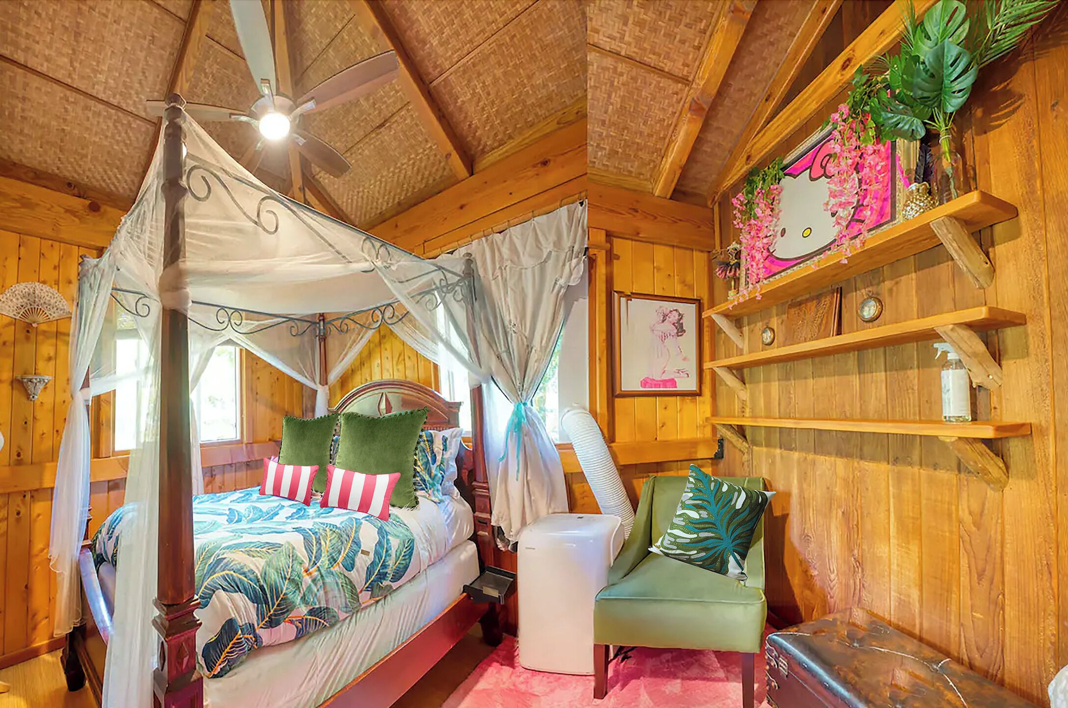Une pièce en bois avec un lit à baldaquin, une chaise, une table de chevet et une étagère ornée d’objets décoratifs.