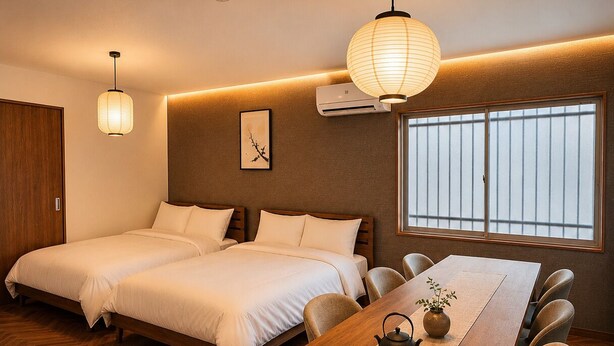 Ein Hotelzimmer mit zwei Betten, einem Esstisch mit Stühlen, einer Pendelleuchte und einem Fenster mit Jalousien.