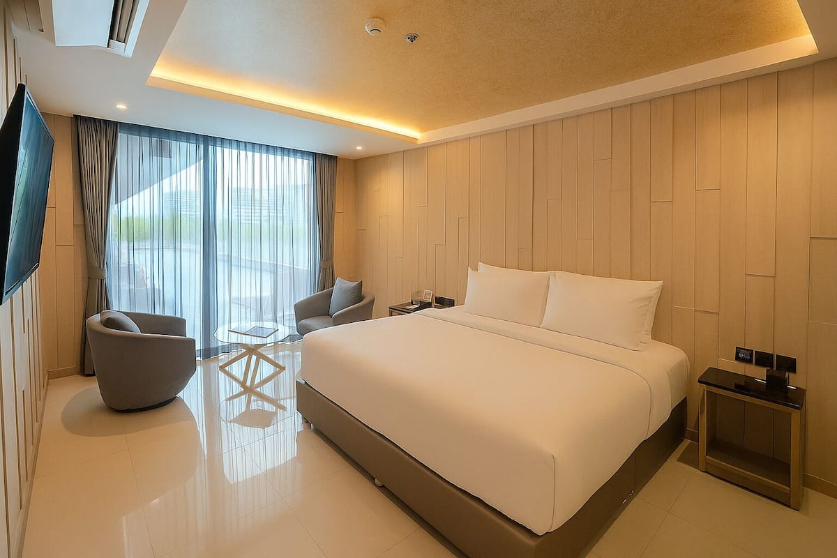 A modern hotel room with a large bed, a seating area with a chair and a small table, and a large window with curtains.