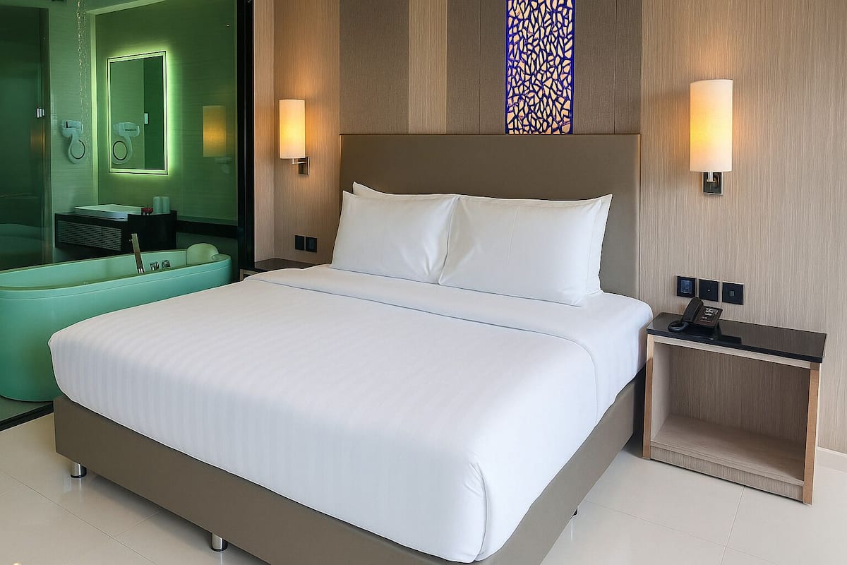 A modern hotel room with a large bed, a bathroom with a green tub, and a small bedside table with a phone.