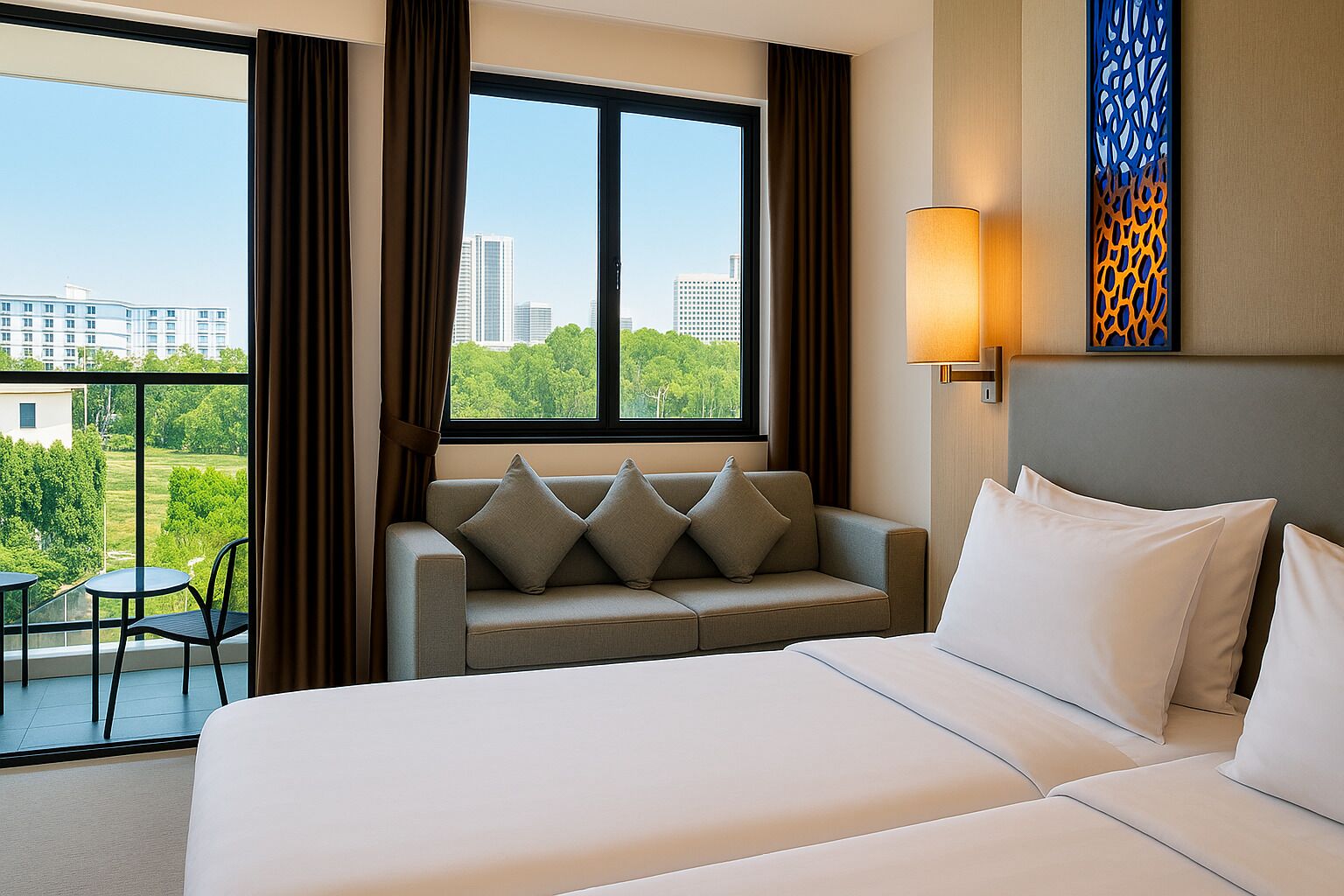 A hotel room with a large bed, a sofa with pillows, a table, and a view of buildings and trees through a window.