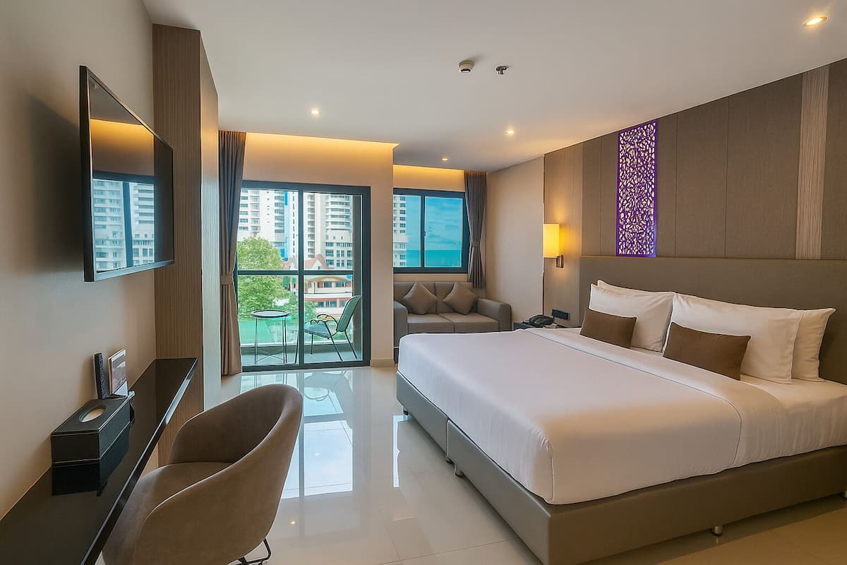 A modern hotel room with a large bed, a desk, a chair, and a TV.