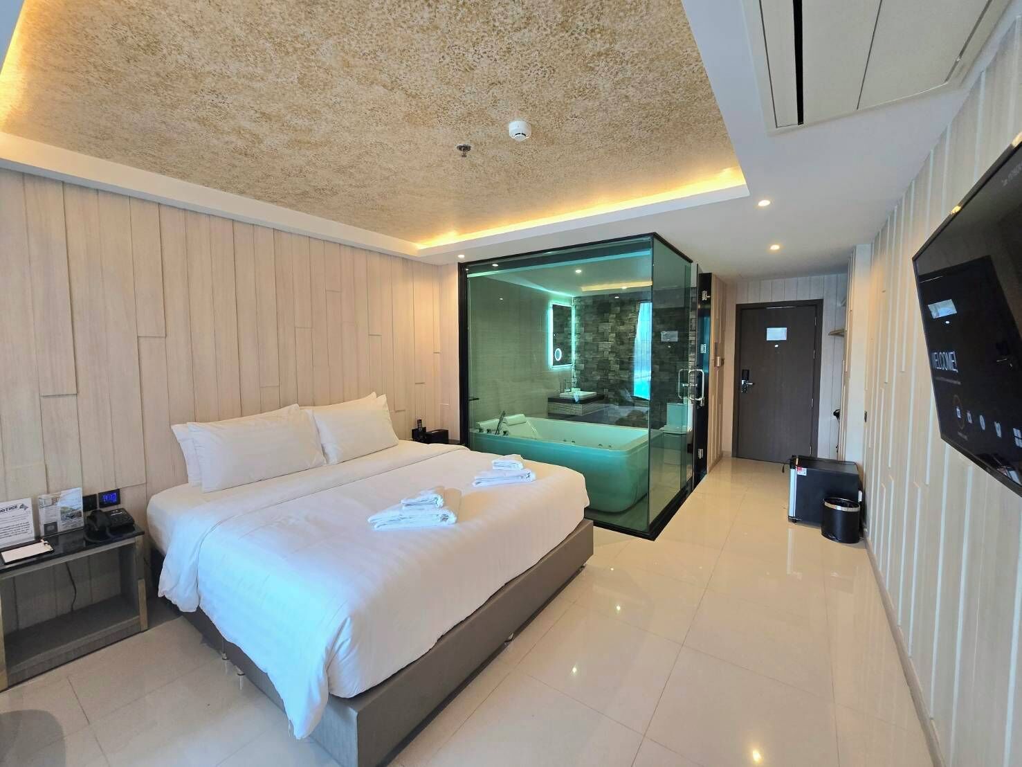 A modern hotel room with a large bed, a glass-enclosed shower area, and a flat-screen TV mounted on the wall.