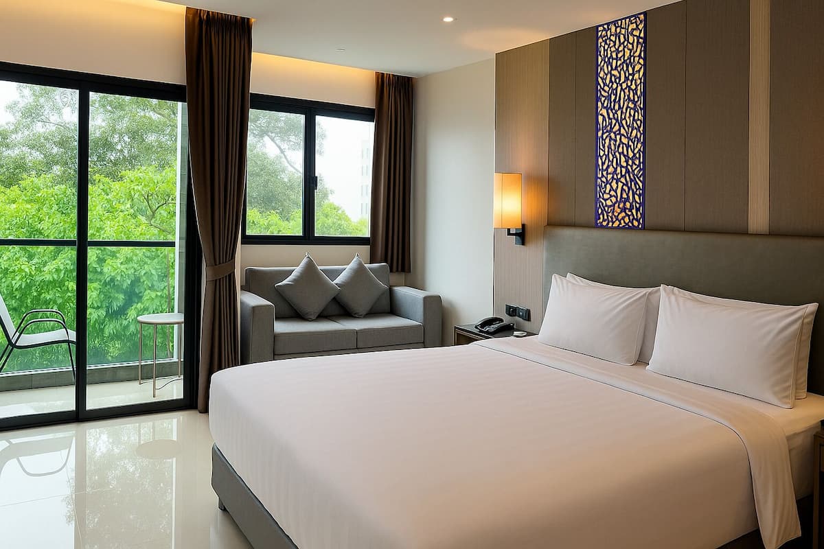 A hotel room with a large bed, a sofa, a small table, and a view of greenery through the windows.