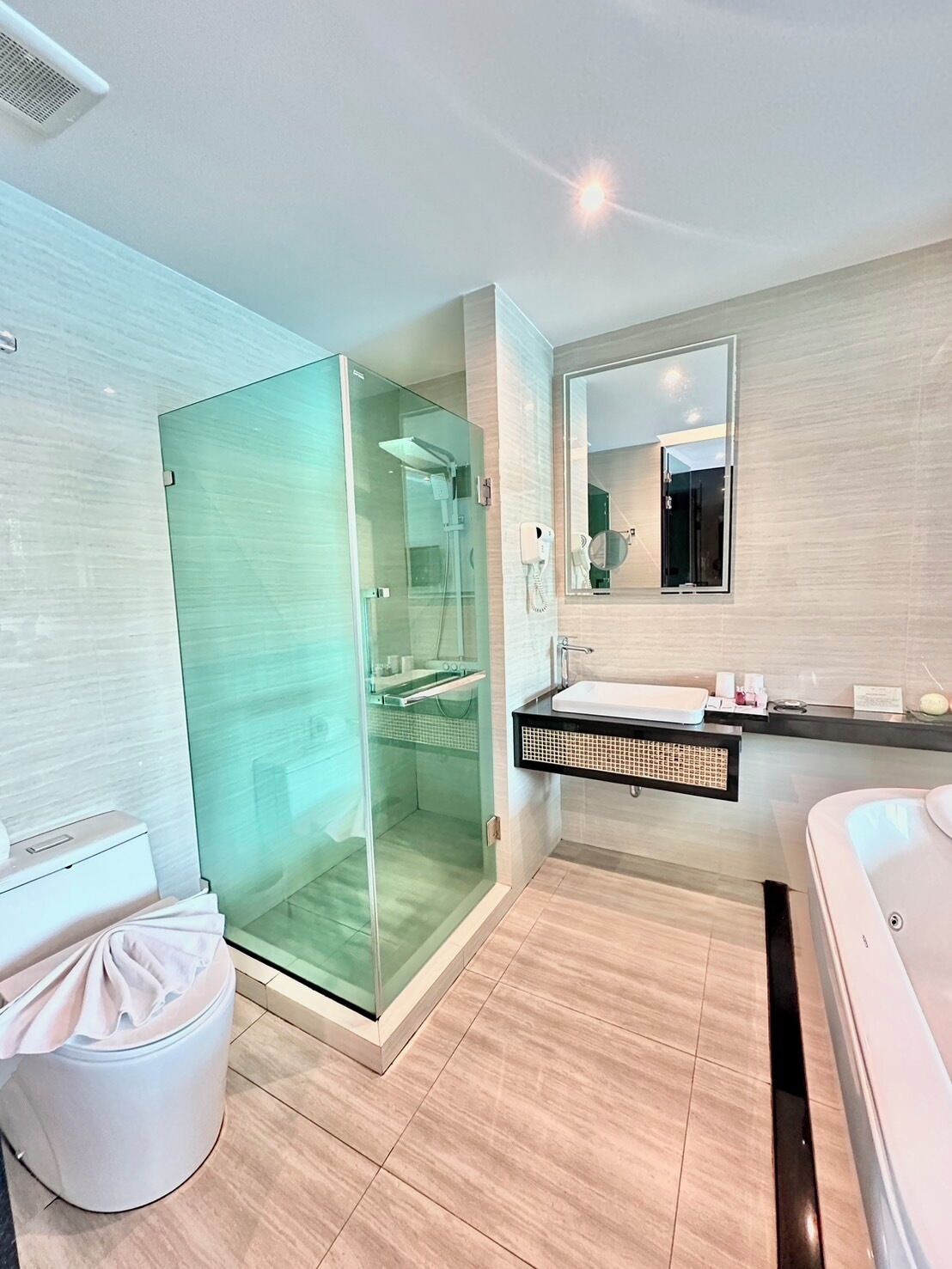 A modern bathroom with a glass-enclosed shower, a white sink, and a large mirror.