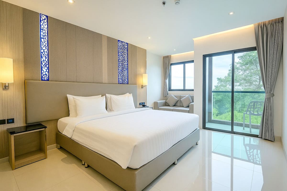 A modern hotel room with a large bed, a sofa, a balcony with a view, and a decorative blue panel on the wall.