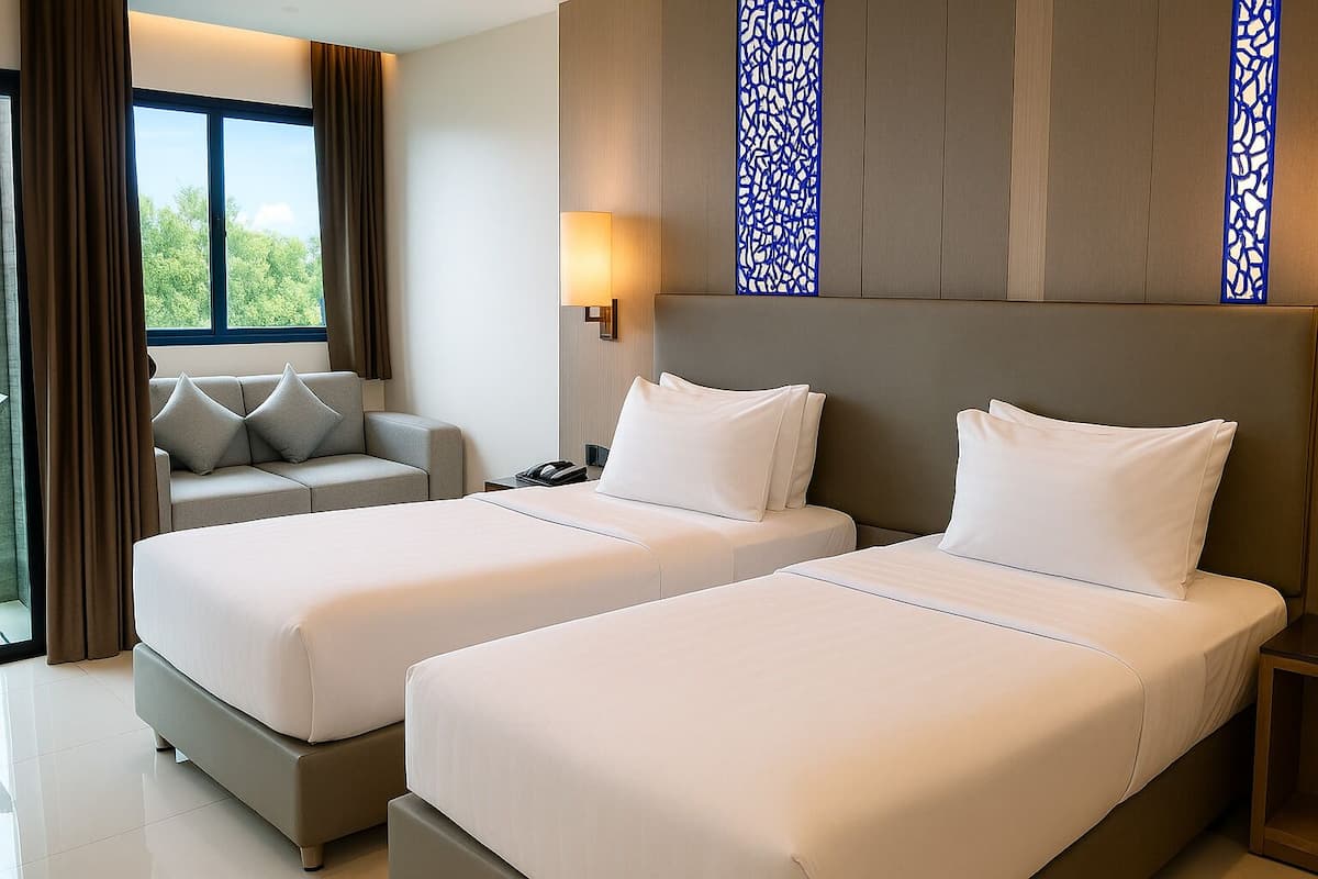 A hotel room with two beds, a sofa, a lamp, and a view of greenery outside.