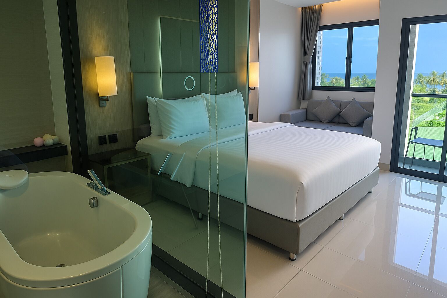 Une chambre d’hôtel moderne dotée d’un grand lit, d’une salle de bain entièrement vitrée et d’un balcon avec vue.