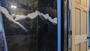 A room with a dark-colored door and a glass partition with a mountain landscape design. - The Northern Lights Oasis (Wasilla)