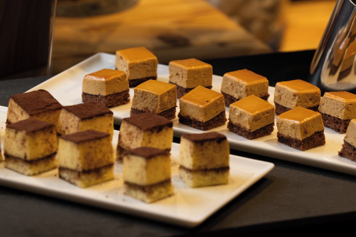 A dessert tray with multiple square pieces of layered cake.