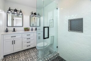 Hair dryer, towels, soap, toilet paper