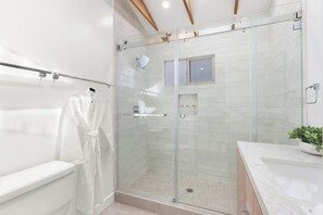 Hair dryer, towels, soap, toilet paper