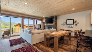 Smart TV, fireplace, books, stereo