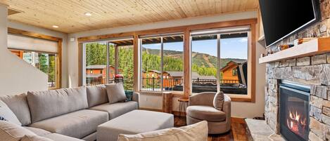 Smart-TV, peis, bøker og stereoanlegg