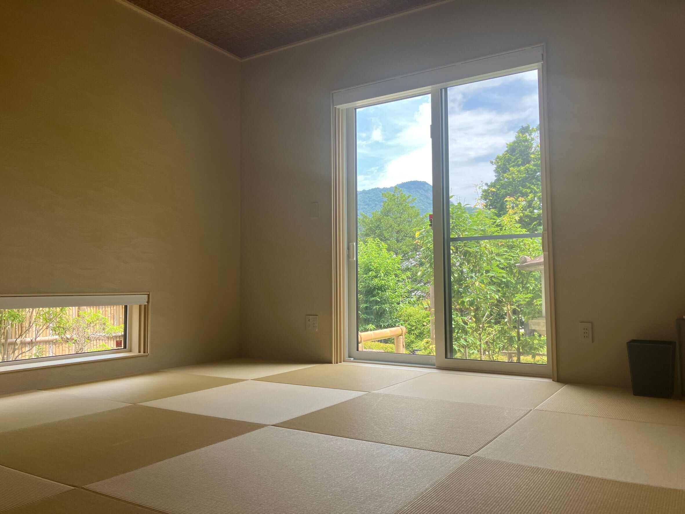 A room with tatami mat flooring, a sliding glass door leading to a balcony, and a small window.