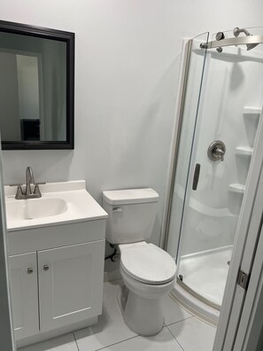 Hair dryer, towels, soap, shampoo