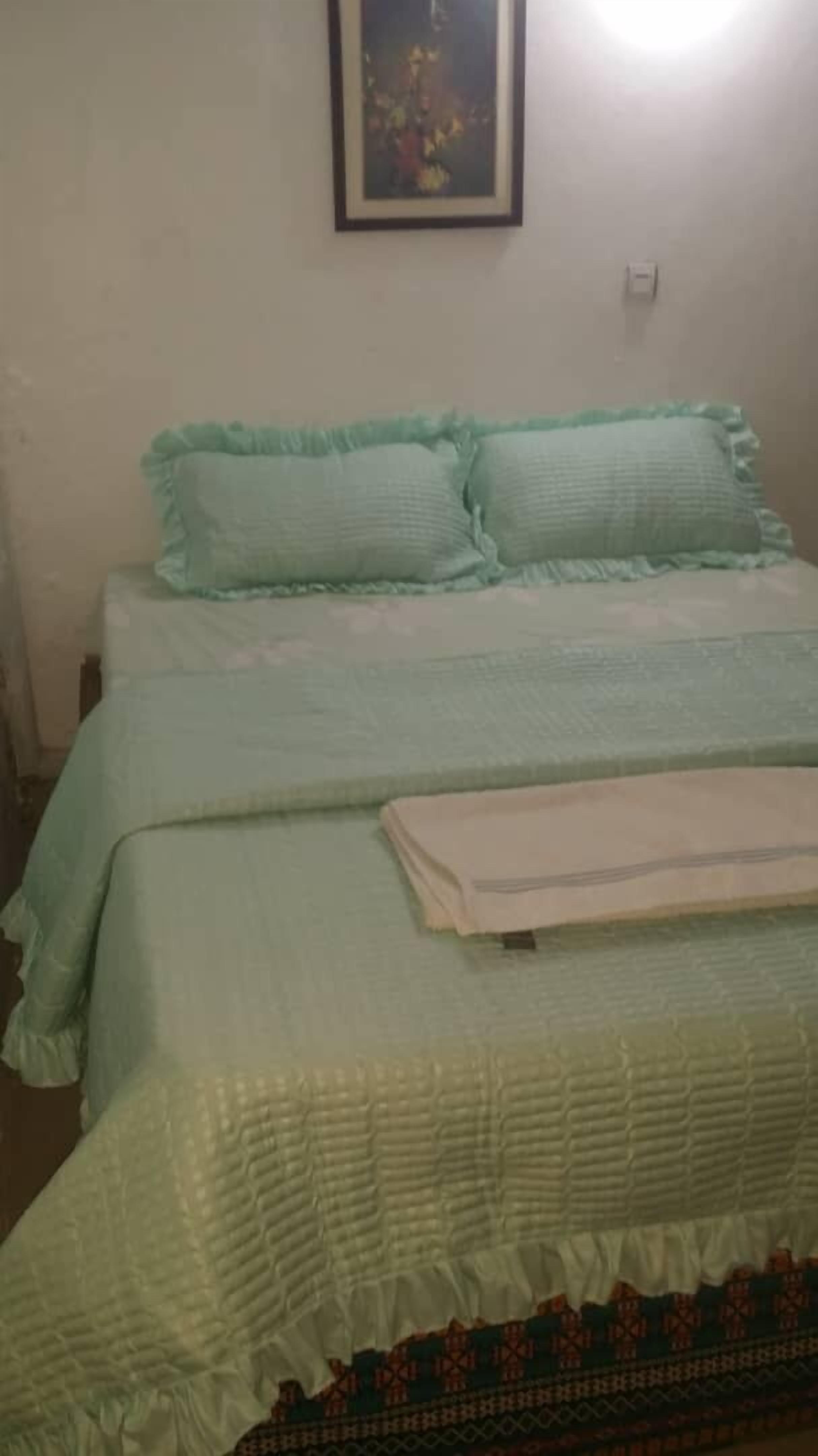 A bed with a green quilt and pillows, a white blanket, and a patterned bed skirt.