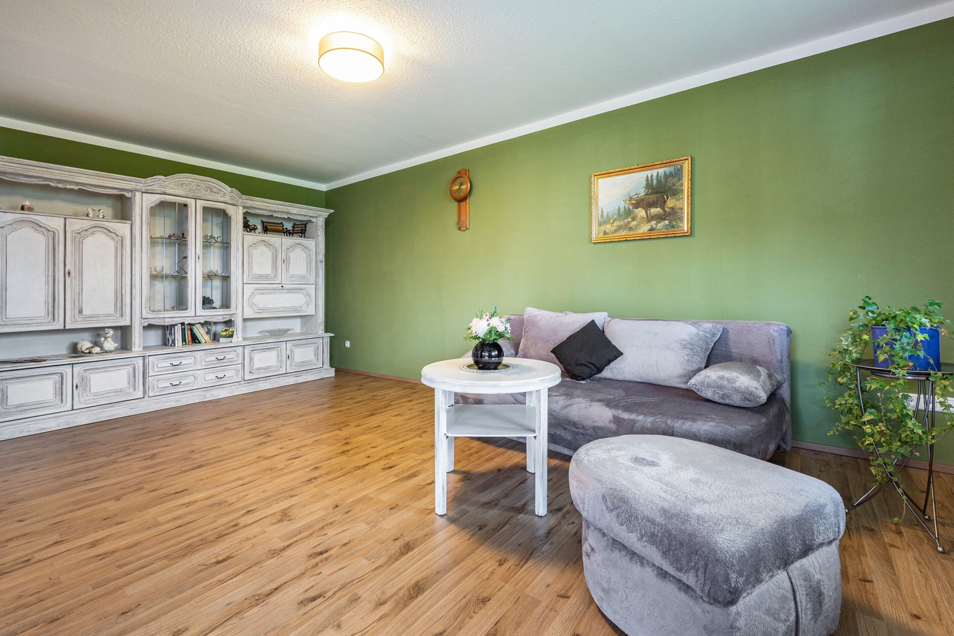 Une pièce avec un plancher en bois, un canapé gris, une armoire blanche et un mur vert.