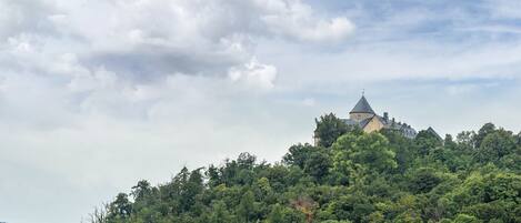 Un castillo en una colina con un bosque denso, un cielo despejado y una montaña distante.