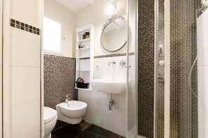 Shower, hair dryer, bidet, towels