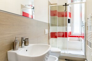 Shower, hair dryer, bidet, towels