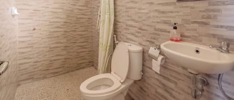 Un baño con inodoro, ducha y lavabo.