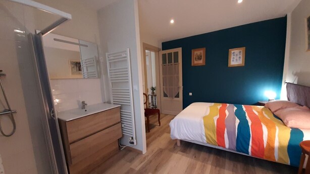 A bedroom with a bed, a bedside table, a dresser, a mirror, a shower, and a door leading to another room.