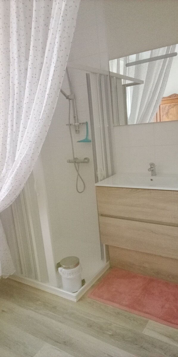 Shower, hair dryer, towels, toilet paper