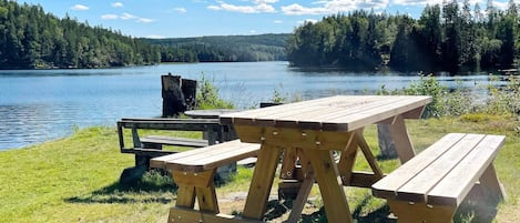 A picnic table set by a lake with a forest backdrop.