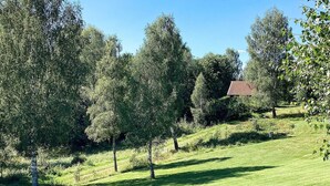 A grassy area with trees and a building with a red roof. - 4 Person Holiday Home in Bengtsfors (Bengtsfors)