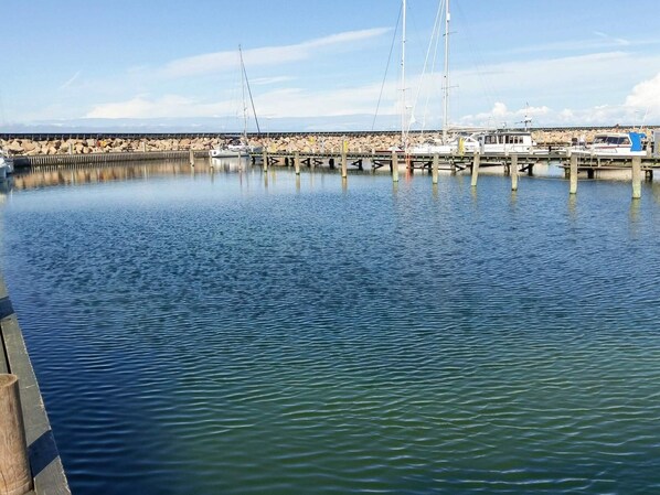 Una orilla tranquila con un muelle que se adentra en el agua, barcos amarrados y un cielo despejado.
