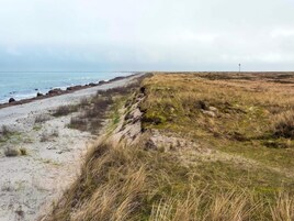 A coastal landscape with a sandy beach, grassy dunes, and a lighthouse in the distance.