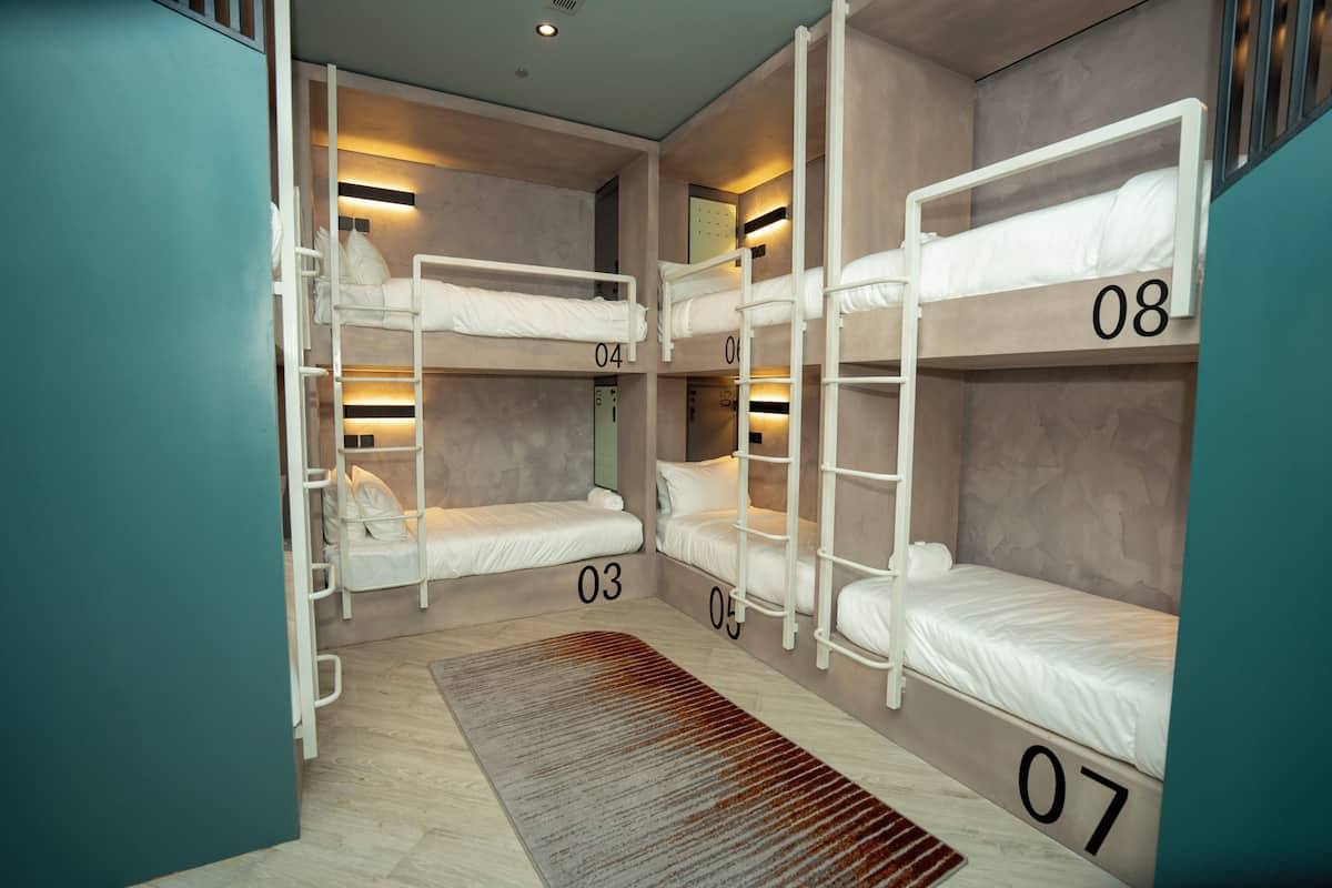 A dormitory room with bunk beds numbered 03 to 08, a wooden floor, and a patterned rug.