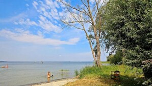 Ein Strand mit einer Holzbank, blauem Himmel und ruhigem Wasser.