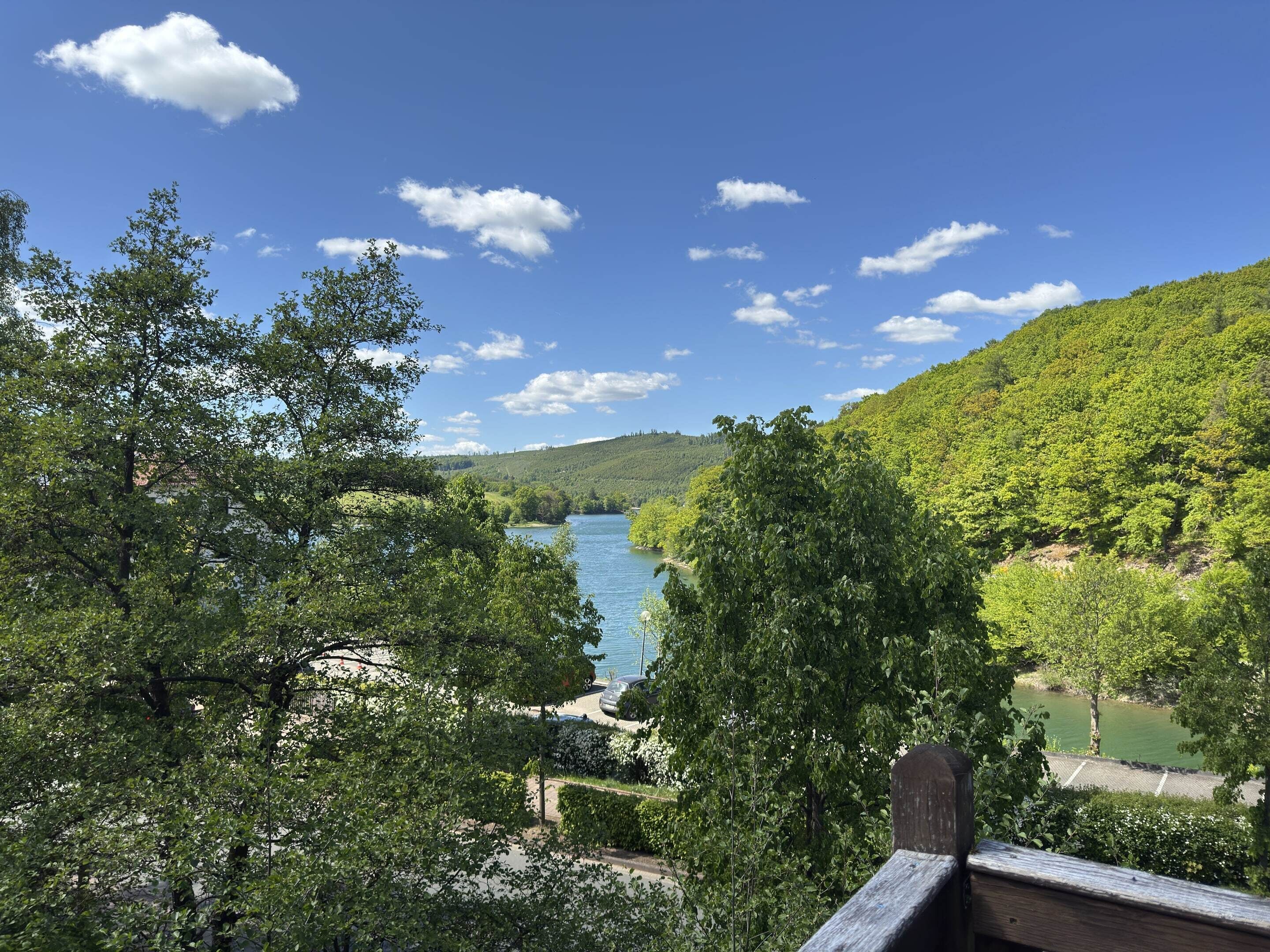 A scenic view of a lake surrounded by lush greenery and hills.
