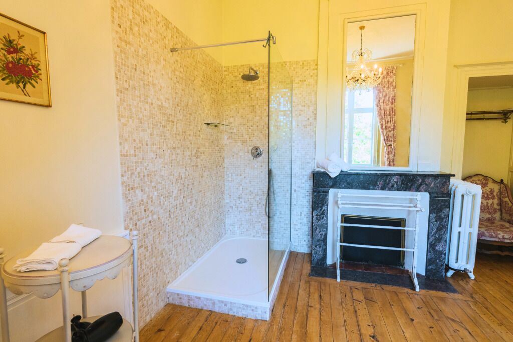 A bathroom with a shower, a toilet, a sink, and a radiator.