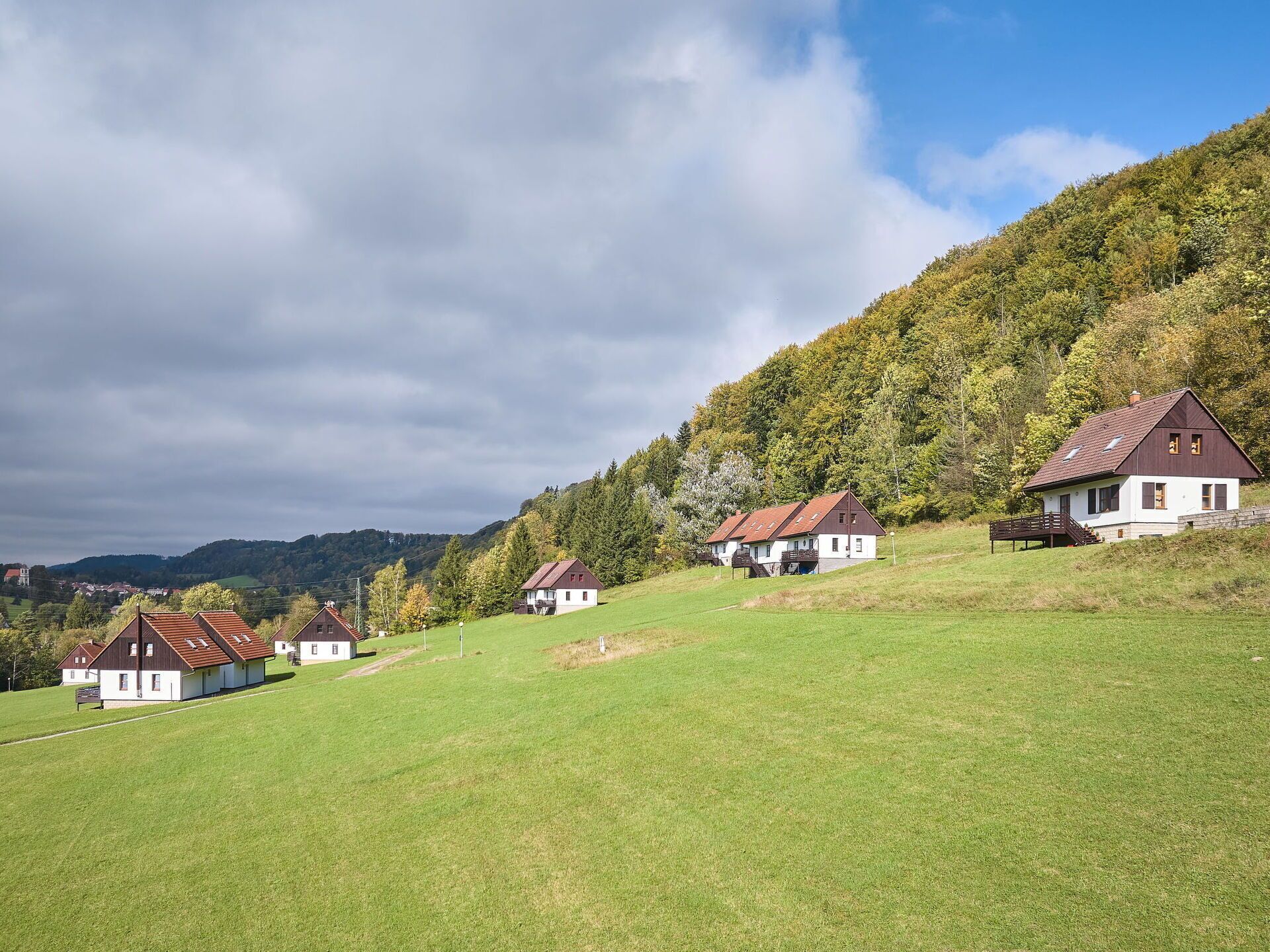 A row of white houses with brown roofs on a grassy hillside, surrounded by trees and hills.