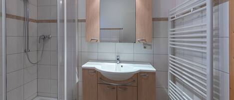 A modern bathroom with a glass-enclosed shower, a sink with a mirror above, and a towel rack.