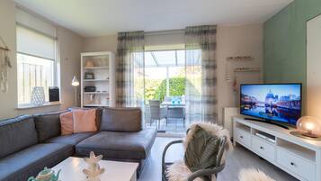 A living room with a sofa, a TV, a coffee table with a starfish decoration, and a view of the outside.