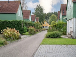 Una calle residencial con casas, un sendero pavimentado y vegetación.
