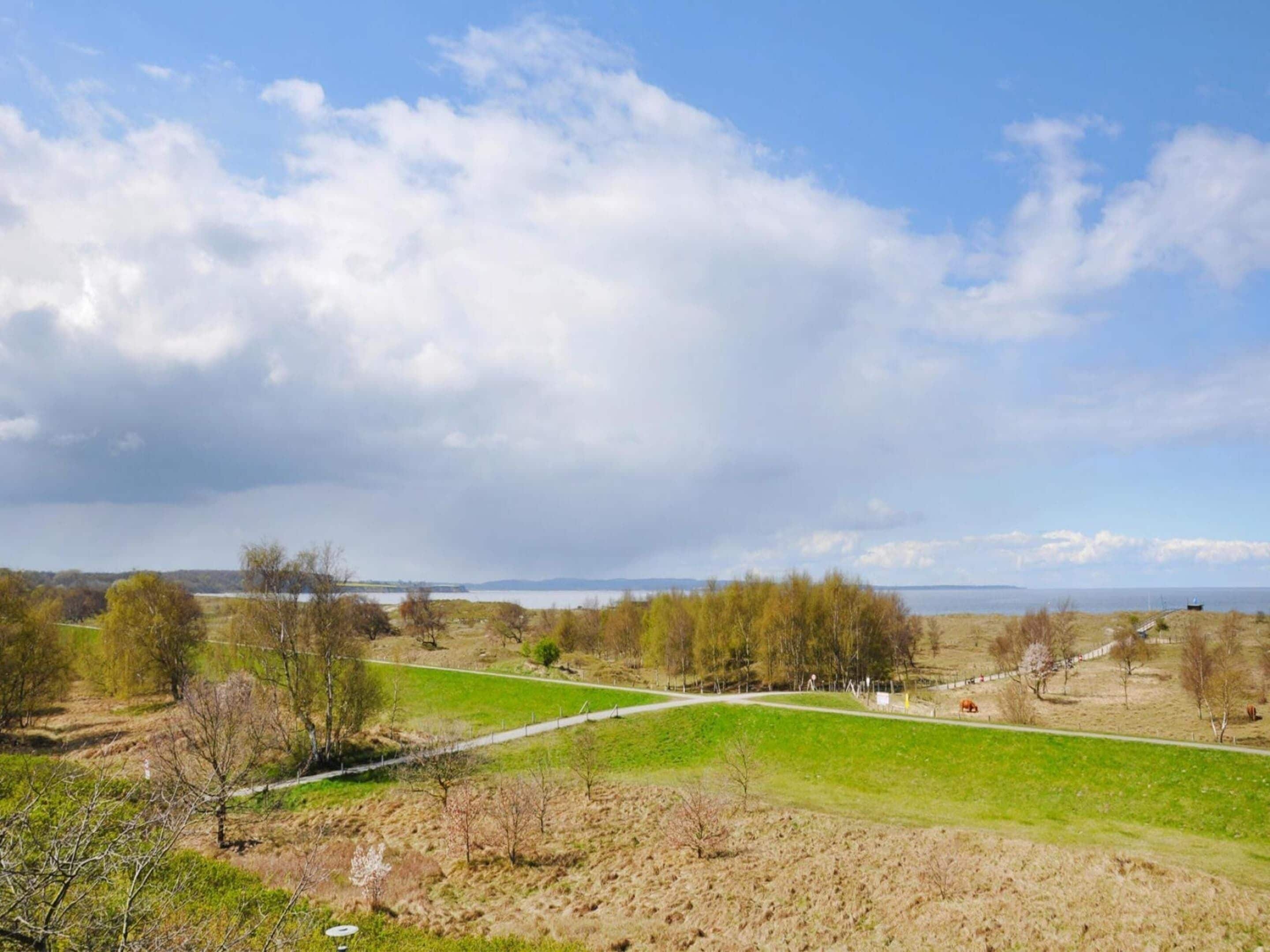 Ländliche Landschaft mit blauem Himmel, einer grünen Wiese und weiter Wasserfläche im Hintergrund.