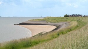 A coastal landscape with a sandy beach, grassy dunes, and a body of water. - Holiday Home in Zeeland With Garden Terrace (Wemeldinge)