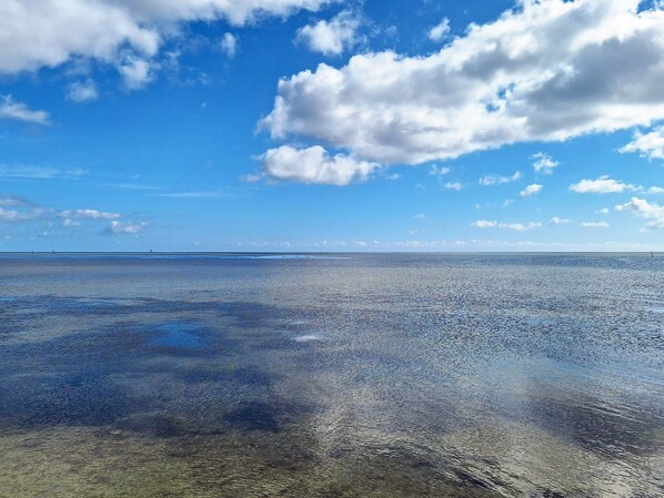 A clear view of a coastal area with calm waters and a distant horizon.