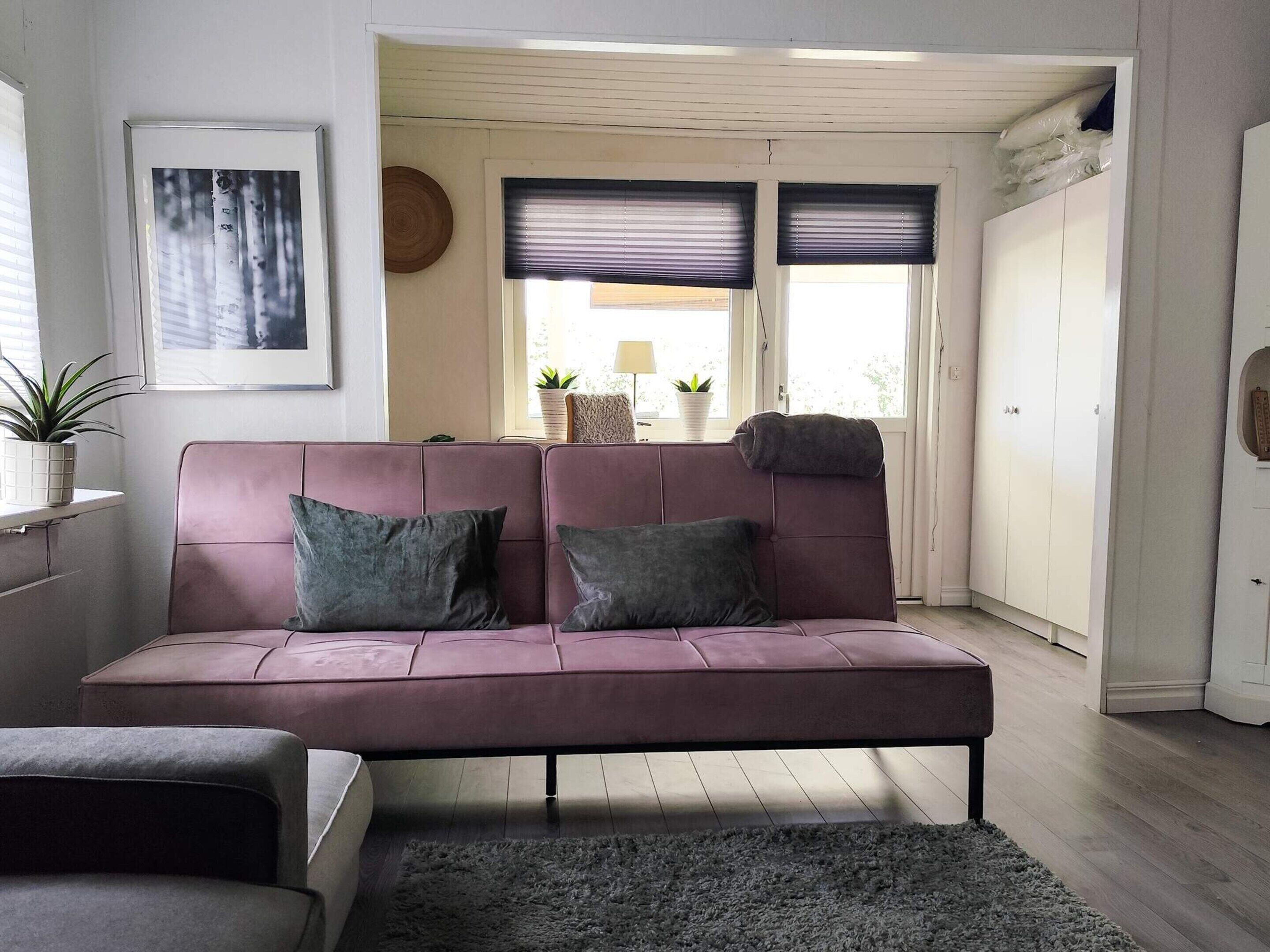 A living room with a sofa, a rug, and a potted plant.