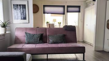 A living room with a sofa, a rug, and a potted plant.