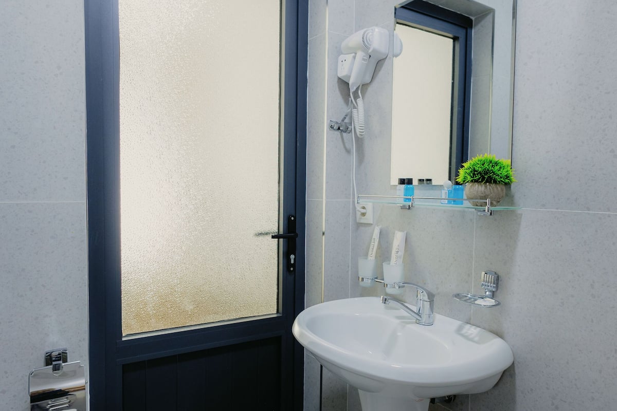 A bathroom with a white sink, a toilet, a mirror, and a hairdryer on a wall-mounted shelf.